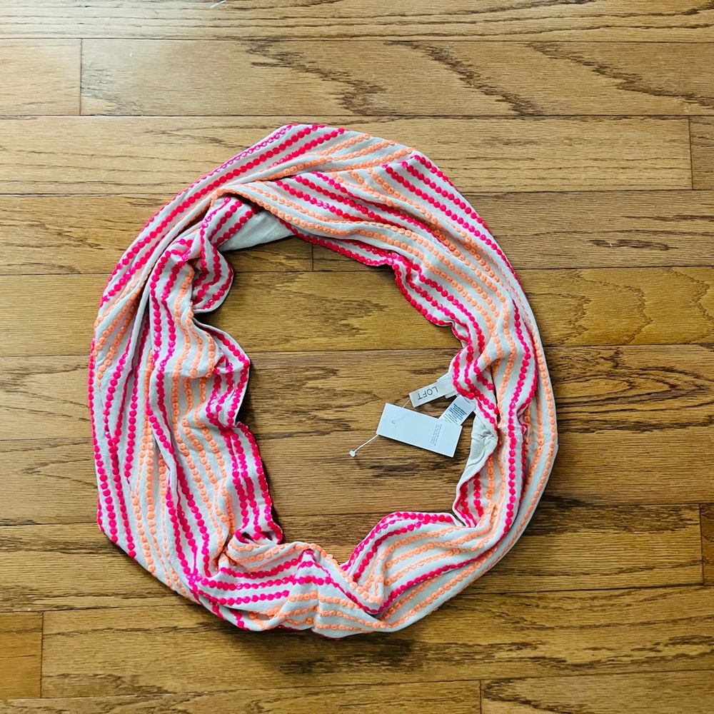 NWT Loft infinity scarf, gray rayon lining and multiple color beaded exterior